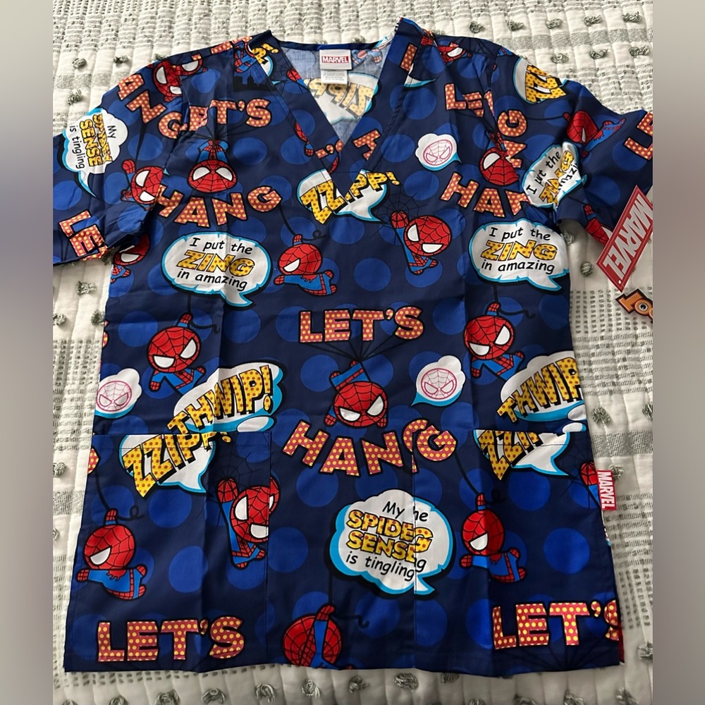Spider man, brand new scrub top with tags on. Cute design. Soft material.